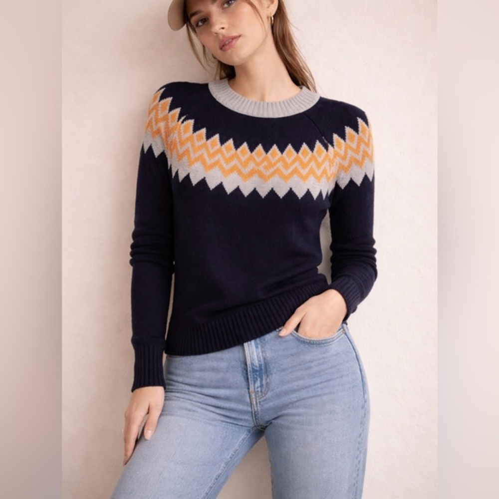 Cable Stitch Fair Isle Sweater Small Navy Orange Gray Cozy Cotton Nordic Sz S